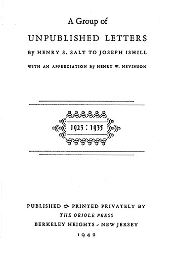 A Group of Unpublished Letters by Henry S. Salt to Joseph Ishill